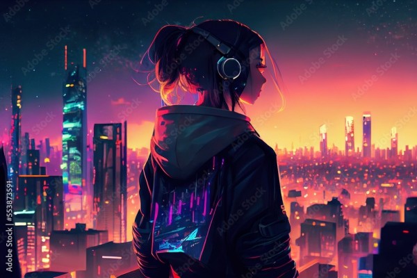 Wunschmotiv: anime girl with headset vibe to music , cyberpunk, steampunk, sci-fi, fantasy #55387359