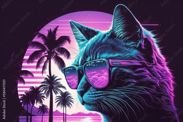 Wunschmotiv: Retro wave synth vaporwave portrait of a cat wearing sunglasses and a reflection of pal