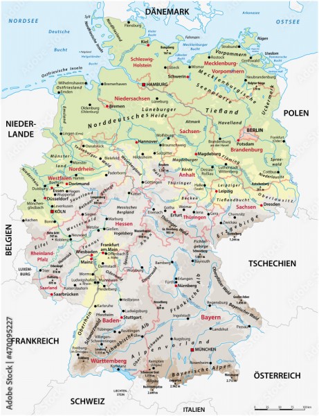 Wunschmotiv: Very detailed physical and administrative map of Germany with German labeling #4700952