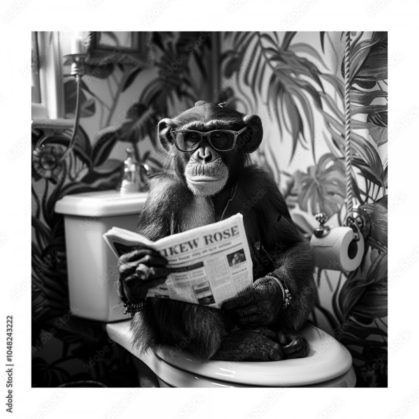 Wunschmotiv: Chimpanzee in Sunglasses Reading Newspaper While Sitting on Toilet in Tropical Bathroom