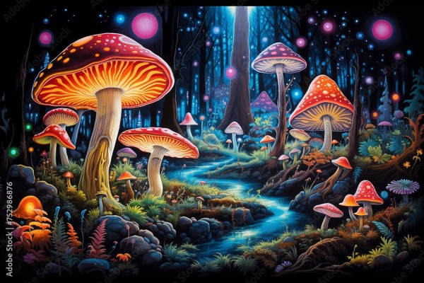 Wunschmotiv: Glowing mushrooms, mystical forests, psychedelic colors #752986876