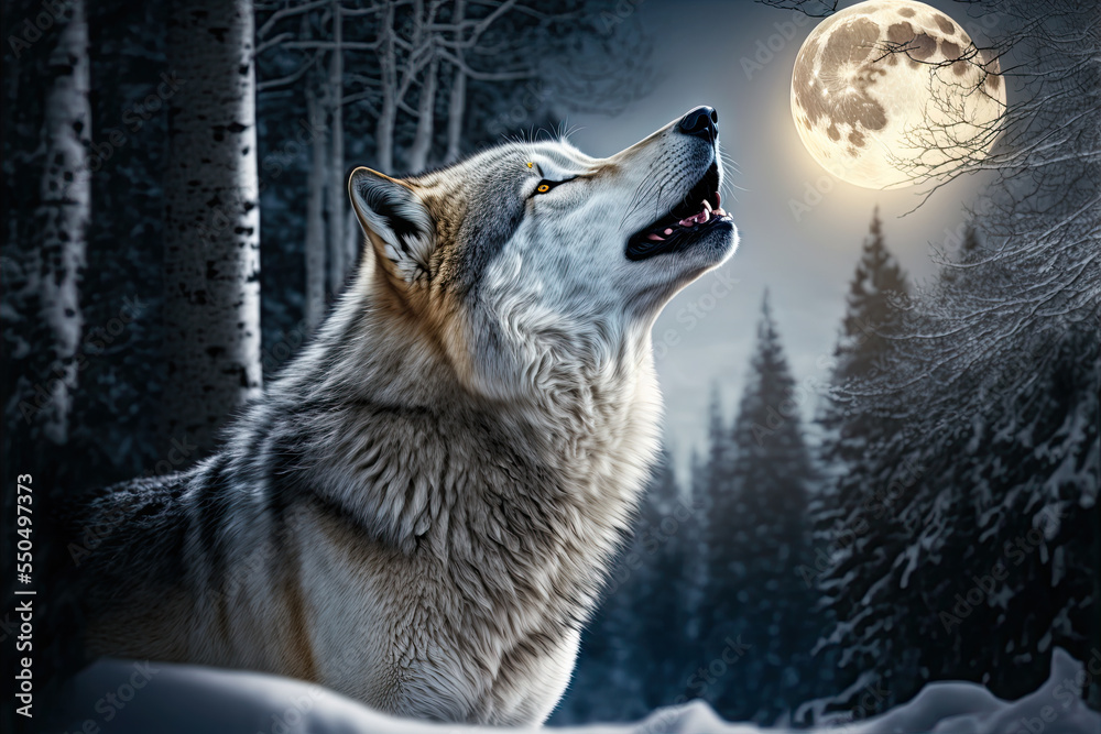 Wunschmotiv: A gray wolf in a winter forest howls at the moon at night. Digital artwork #550497373