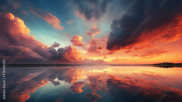 Wunschmotiv: Closeup of sunset sky landscape atmosphere with red orange cloudy heaven and a lake or