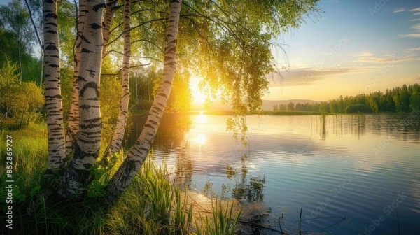 Wunschmotiv: Beautiful Spring Sunset Scene on a Shiny Lake with Birch Trees Greenery and Golden Sunl