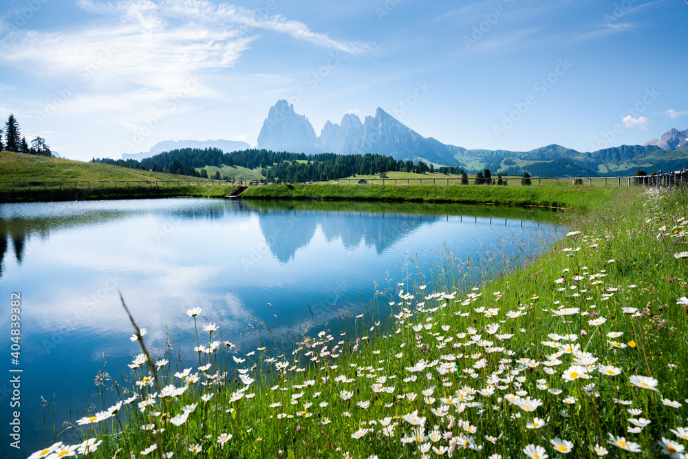 Wunschmotiv: Mountain landscape in the Alps with rugged peaks reflecting in alpine lake in summer #404839382
