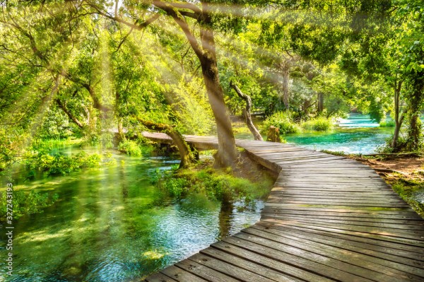 Wunschmotiv: Wooden footpath over river in forest of Krka National Park, Croatia. Beautiful scene wi