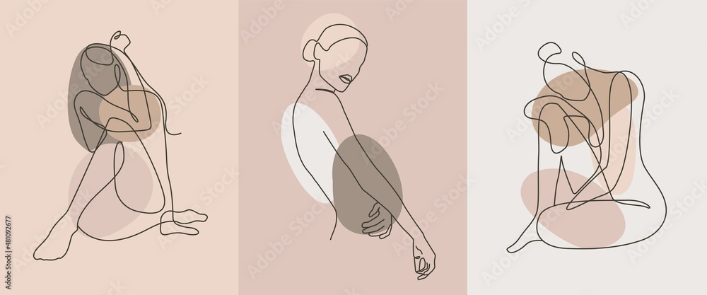 Wunschmotiv: Nude Body One Line Drawing Set. Woman Body Sketch Art. Female Figure Abstract Minimalist Silhouette. Vector EPS 10 #481092677