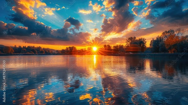 Wunschmotiv: Glowing sunburst over tranquil lake #879243530