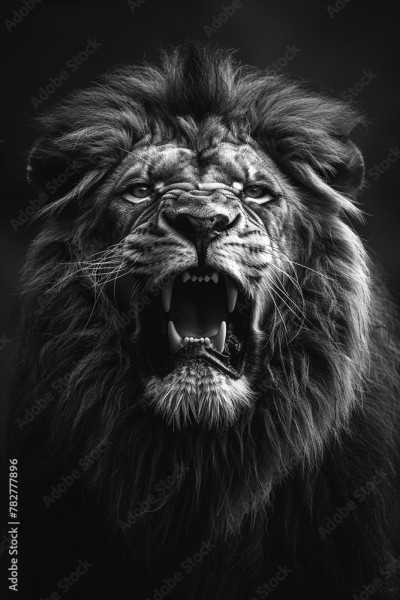 Wunschmotiv: King of the Jungle, Majestic black and white lion roaring in the wild. #782777896