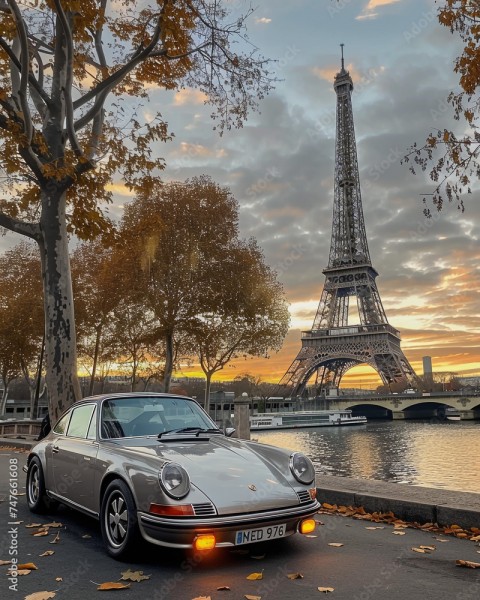 Wunschmotiv: Élégance Rétro : Porsche, Paris, Coucher Soleil.
Une vieille Porsche traverse Paris, ca