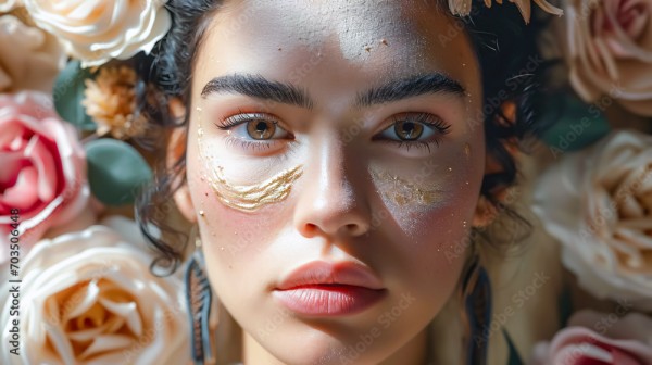 Wunschmotiv: Portrait of a beautiful girl with a golden mask on her face. #703506448